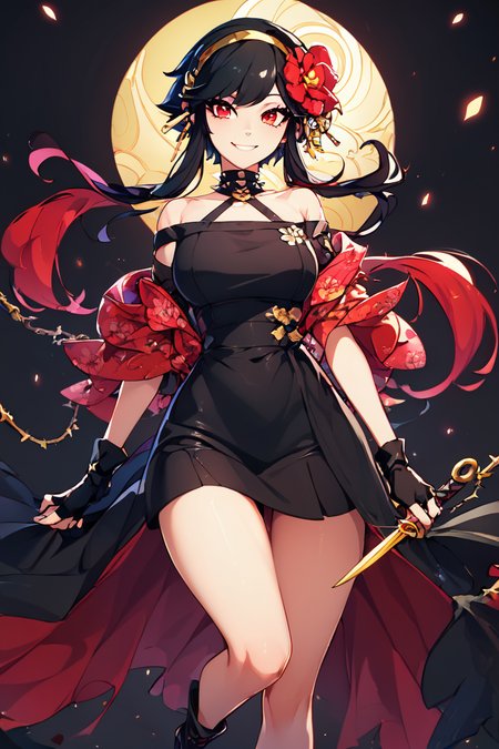 score_9, score_8_up, score_8, big breasts, (curvy), cute, eyelashes,      rating safe,   BREAK,  YorForger,1girl,black hair, red eyes, short hair with long locks, gold hairband, hair flower, black choker, black dress, sleeveless, off shoulder, floral print, fingerless gloves, black footwear, thigh holding dagger,   BREAK,   smile, looking at viewer, abstract background, thorns, dark theme, white outline, cowboy shot,   embedding:zPDXL, Expressiveh  <lora:YorForgerXLpony004:0.8>,  <lora:CatalystStylePDXL:0.6>,  <lora:SDXLFaeTastic2400:0.5>,  <lora:Expressive_H-000001:0.4>,