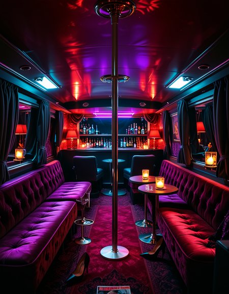 The interior of an old RV transformed into a mysterious, shady lounge with a moody and dimly lit atmosphere. The space is filled with deep red and purple lighting, creating a sultry neon glow. In the center stands a chrome pole mounted to the ceiling and floor, surrounded by plush velvet seats and low tables with half-empty glasses and flickering candles. The walls are lined with heavy curtains and faded wallpaper, giving a vintage and secretive vibe. A small bar area in the back holds various bottles and glasses, with a mirror backsplash reflecting the dim lights. The floor is covered in worn carpets and scattered with high heels, scarves, and old magazines. Subtle details hint at an underground lifestyle, without showing anything explicit. The overall ambiance is smoky, intimate, and cinematic. Highly detailed, noir-inspired, low-key lighting, retro-modern fusion style.
<lora:SDXLFaeTastic2400:0.4> <lora:extremely_detailed:0.4> extremely detailed<lora:4dult_rv:1>,4dult rv, Masterpiece,best quality,hi res,8k,hi res,8k,award winning,(sharp focus, intricate, highly detailed),