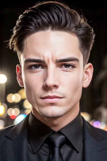 (masterpiece, best quality, high quality, highres, ultra-detailed), lamppost, night, crowd, 
1boy, male focus, short hair, sand blonde hair, grey eyes, looking at viewer, light smile, allblacksuit, 
AS-Adult, Asian-Less, SkinHairDetail, <lora:attire_allblacksuit:1>,