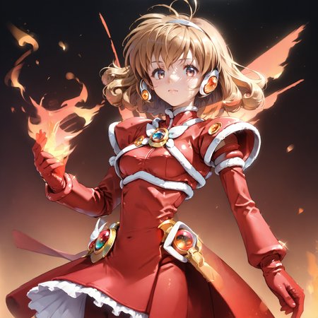 (score_9:1.2), score_8_up, score_7_up, source_anime , best quality,<lora:corrector yui-pony-01:1>, corrector yui, 1girl, solo, magical girl, fire element suit