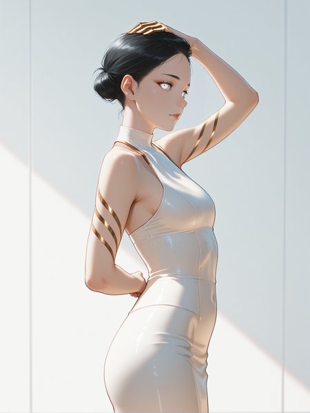 masterpiece, best quality, absurdres,
<lora:ILCyberHanako:1.0>
CyberHanako, 1girl, black hair, white eyes, looking at viewer, standing, one hand resting above the head, hips slightly turned, side view