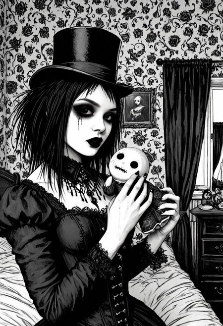 drawing, gothic, digital illustration, flat colors, line art, heavy film grain, black and white, 18 year old pretty goth girl, top hat, holding cracked porcelain_doll, bedroom,   sexy, creative angle, sexy poses