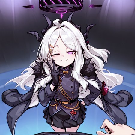 masterpiece, best quality,
 <lora:doppel:1> d0pp3l, zzHina, purple eyes, long hair, hair ornament, white hair, horns, hina (blue archive), ahoge, halo, multiple horns, parted bangs, skirt, long sleeves, hairclip, black skirt, coat, coat on shoulders, fur trim, black gloves, black idol clothes, smiling, winking, ((Left hand) hand on hips, ((right hand)) peace sign, POV, on stage, far view