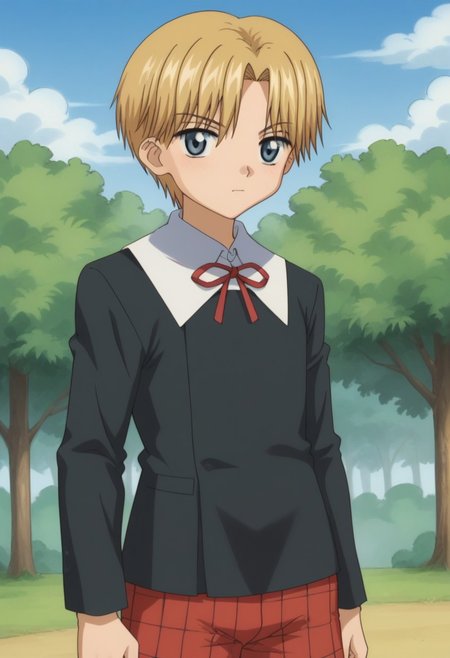 score_9, score_8_up, score_7_up, source_anime, highly detailed, 
rukanogi, 1boy, male focus, blonde hair, short hair, shorts, red shorts, plaid shorts, school uniform, blue eyes, solo, ribbon, neck ribbon, upper body, sweater, black sweater, shirt, white shirt, collared shirt, long sleeves,
outdoor, sky, tree