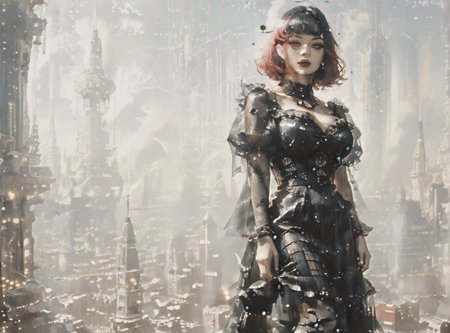 score_9, score_8_up, score_7_up, character portrait, angled, woman, pale skin, huge breasts, <lora:sm0k3XLP:1>, <lora:goth_clothes:1>, goth dress, gothic, black dress, detailed dress, black high heeled shoes, crimson red hair, black highlights, <lora:Our_Muted_Future_Style:1>,  <lora:futuristic_city:1> futuristic-city,