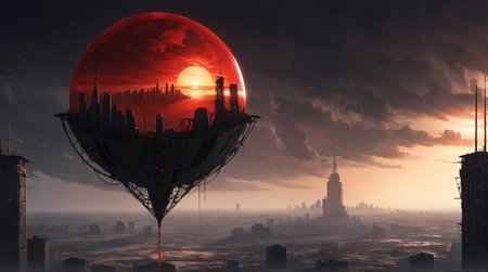 The sun, a blood-red disk, hangs low in the sky, casting long shadows across a desolate wasteland. Crumbling skyscrapers lean precariously, their shattered windows reflecting the fractured world. A tattered flag flutters atop a rusted radio towerâthe last symbol of resistance. Amidst the ruins, a child clutches a cracked hourglass, its sands slipping away. The childâs eyes hold a glimmer of hope, defying the impending darkness.