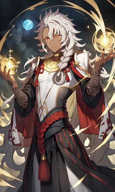 ,source_anime, solomon_(fgo), handsome, dark-skinned man, long hair, white hair, messy hair, ahoge, braid, yellow eyes, jewelry, long robes, tattoo, black fingernails, cowboy shot, dutch angle, magic,fantasy, arcane, mystical, cool pose, pose, magical world, fantasy, glitter, luminous effects, hand fix, perfect hands, clear hands