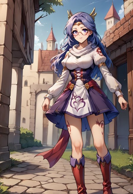 score_9, score_8_up, score_7_up,   <lora:tialuna-pdxl-nvwls-v1-000006:1.0> tialuna, blue hair, purple eyes, facial mark, tattoo, circlet, hair ornament, scarf, medium breasts , <lora:emma-rebake3:0.8>, bare legs, breasts, glasses, long sleeves, purple corset dress, red laces, white under skirt, knee boots, white juliet sleeves