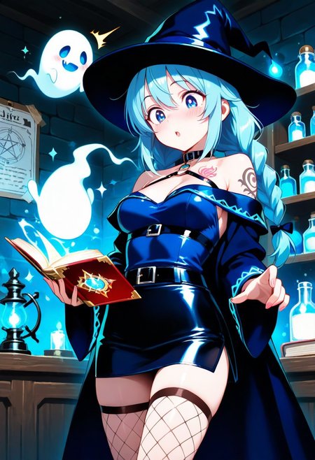 highres, very detailed, amazing quality, masterpiece,
very aesthetic,
glitter, particle effect,
1woman, solo, beautiful eyes, strong face, double braided ponytail, tattoo, arm tattoos, neck tattoos, chest tattoos, skimpy top, body strap harness, fishnet leggings, mini skirt, mage outfit, mage hat, off shoulder, medium breasts, choker, visible shoulders, blue hair, 
seducing, seductive, flirty, loving, playful, 
Looking down, reading a book, magical book, casting a spell, magic in hands, magic energy on hands,
Mage's tower, magic lab, Smokey room, torches, ripped banners, magic potions on shelves, glowing potions,
cute Ghost, ghostly head, ghost coming out of book, summoning a ghost, Girl looking at ghost, Ghost looking at girl, cute playful ghosts, 
Surprised expression, shocked,
