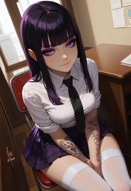 (score_9, score_8_up, score_7_up), 1girl, solo, black hair, purple eyes, long hair,  straight bangs,  26 years old, medium breasts, (goth:1.1), ass, eyeshadow,
(white shirt, black tie, checkered pleated skirt, white stockings, thighighs:1.1), checkered skirt,  hime cut,  rolled up sleves, standing, looking out window,
tattoo, tattoo on body, tattoo on arm, from above,
Expressiveh, sitting, chair, desk,
fisheye,  (dutch angle, face close-up, face focus :1.5), 
(hallway, indoors:1.1), college,
(smug:1.1),