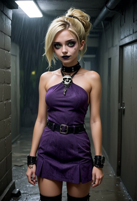 (medium full shot) of (introspective emo girl) young woman, slender build, long blonde french twist hair, mexican, tan skin, green eyes, wearing a dark purple halter dress with dark patterns , suede boots with buckles, black lipstick, smoky eyeshadow, heavy eyeliner, carrying a skull-patterned backpack choker necklace, set in  a basement show, with low ceilings, raw energy, and a tight, sweaty crowd, during a storm, woman smiling, detailed face, ,Masterpiece,best quality, photo, realistic, very aesthetic