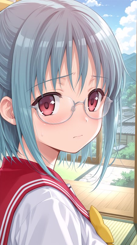 masterpiece, best quality, amazing quality, very aesthetic,  absurdres, best quality, 4k, upscale, indoors, tatami, sky, landscape,  suzuran, solo, 1girl, glasses, blush, school uniform, serafuku, red eyes, blue hair, short hair, looking at viewer, simple background, portrait, white background   <lora:Suzuran_Himenohara_IL:0.8>