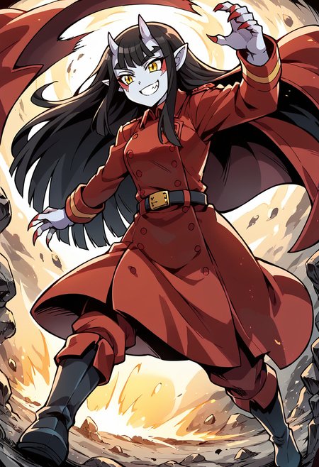 score_9, score_8_up, score_7_up, uncensored, Expressiveh BREAK 1girl, solo, adolfxventure, black hair, long hair, bangs, horns, oni horns, yellow eyes, colored skin, pointy ears, facial mark, red military uniform, trench coat, red coat, belt, red pants, boots, small breasts, hourglass figure, curvy, fighting stance, claws, dynamic pose, dynamic angle, dutch angle, evil smile, <lora:adolf_xventure:0.9> <lora:add-detail-xl:0.9> <lora:cfg_scale_boost:0.8> <lora:Expressive_H:0.9> <lora:HandFixer_pdxl_Incrs_v1:0.6>