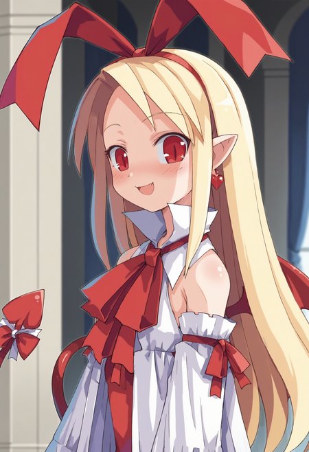 score_9, score_8_up, score_7_up, score_6_up, score_5_up, score_4_up , anime coloring ,BREAK source_anime, anime screencap,
1girl, solo, disflonne, red eyes, heart earrings, red tail, red hair ribbon, red neck ribbon, fallen flonne outfit, white tail bow, red earrings, detached sleeves, pointy ears, demon girl, red wings, demon tail, red leotard,  <lora:PonyXL Flonne V3:1>
indoors, upper body, looking at viewer, smile,