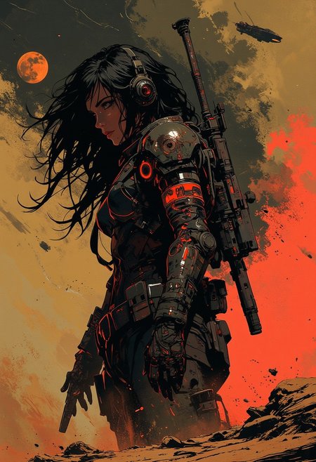 in the style of ck-mgs, nistyle, Inkplash art on rice paper, sepia, henna, Silhouette Art, magnificent, inksplash, closeup portrait, female bounty hunter, flowing black hair, reflective black and neon red armor, futuristic armor, a rifle strapped to her back, holstered pistol, abstract background suggesting a harsh desert world, Spaceships flying overhead, dust storm, windy, nighttime desert atmosphere, night, midnight, moon light, 
Cowboy Shot, close up,