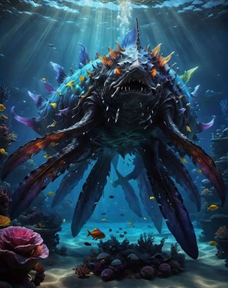 rainbowdreamxl,close up of a rainbow leviethan deep sea polution monster chilling underwater,epic,trending on artstation,awardwinning,bokeh,cinematic,private press,art by beeple and ((h.r giger,joji shinkawa consruct)) <lora:rainbowdreamxl-000004:0.6>