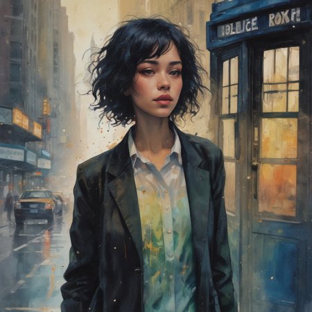 impressionistic bidimensional a biracial goth girl dressed in playful colours instead of black, action pose by a tardis, watercolor (monet:1.2) dadaistic collage (by Bill Sienkiewicz:1.5), night city. Beautiful face. resplendent spotlight effect, alcohol and gold leaf highlights.