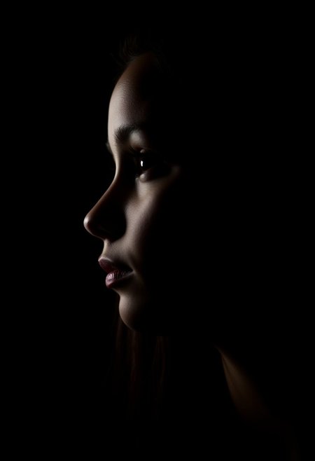 A realistic side profile of a girl against a black background, captured in low lighting, highlighting her face in a simple, moody portrait.