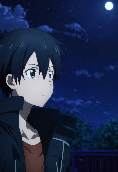 high resolution, solo, best quality, 1Boy, Kazuto Kirigaya, Black Hair, Black Eyes, open space, night sky, moon, OverallDetail