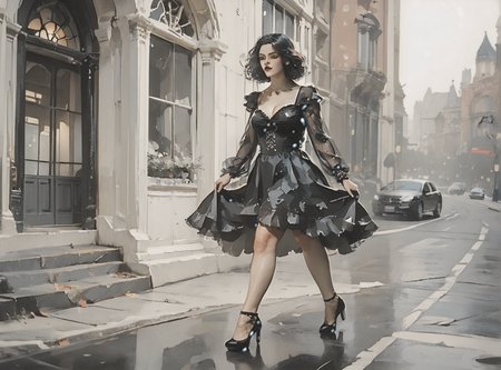 score_9, score_8_up, score_7_up, full body image, environment interaction, walking, woman, pale skin, huge breasts, <lora:sm0k3XLP:1>, <lora:goth_clothes:1>, goth dress, gothic, black dress, detailed dress, black high heeled shoes, Shoulder length hair, unnatural haircolor, <lora:tarakanovich1.5:1>, <lora:simple_cartoon_style:1>, expansive landscape painting background, art gallery,