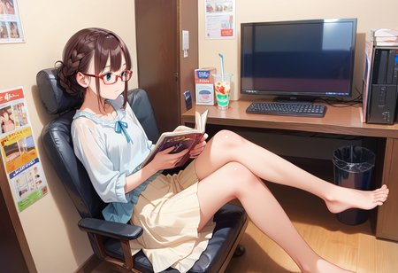 score_9, score_8_up, score_7_up, rating_safe, masterpiece, best quality, absurdres, unity 8k wallpaper, official art, official style, source_anime, uncensored, game cg, megami magazine,
necafe, scenery, 1girl, glasses, solo, brown hair, sitting, reading, indoors, chair, drinking straw, book, cup, computer, braid, drink, barefoot, short hair, crossed legs, skirt, desk, monitor
<lora:NetCafe_PONY_V1:1>