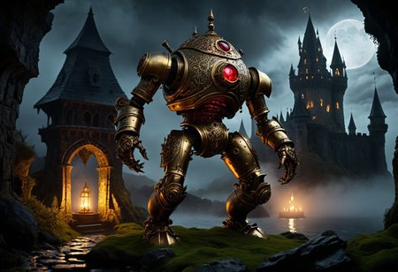 giant bipedal robot brass and dark red, bronze paisley robot. lacy robot metal. GOLD diving helmet head. outside of a steampunk keep. large detailed torso. dark image. one forty foot tall ancient robot with great arms and two heavy spring legs. dark foggy night background. $dark foggy night image only. dark photo realistic image. steampunk details. cogs, chains and pipes incorporated in the fantasy buildings. magic wizards tower in background. Dark swamp, moss, castle ruins, wizards tower. stormy dark night.  stormy sky.