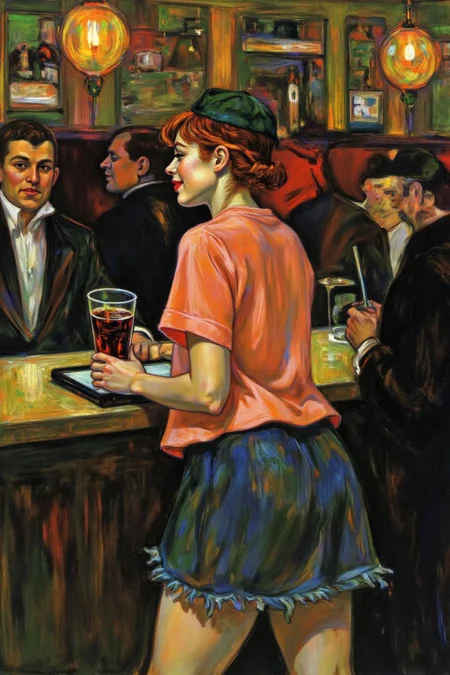 lautrec1 painting
 The air buzzes with the energy of a busy bar, a mix of music, conversation, and the clinking of glasses. A barmaid, the embodiment of youthful vibrancy, navigates the lively scene. She wears a peach-coloured T-shirt, the soft fabric contrasting with the smooth, cold glass of coke she carries on a small tablet. Her short skirt adds a playful touch, and a backwards baseball cap hints at a carefree attitude. The setting and atmosphere are palpable: the warm, slightly sticky surface of the bar counter under her fingertips, the dim, colourful lighting that casts playful shadows. Sensory details are abundant: the condensation forming on the glass of coke, the texture of her denim skirt, and the way the bar lights catch the highlights in her hair. Her confident stride, her quick smile, and her efficient movements. Stylistically, the image draws inspiration from the vibrant, candid shots of nightlife photographers, with a touch of the stylized realism found in contemporary illustration. There's a deliberate contrast between the barmaid's youthful energy and the slightly worn, lived-in atmosphere of the bar, creating a dynamic and engaging image.  <lora:lautrec4_nocap_d6a3:1.0><lora:813629336298017339:0>