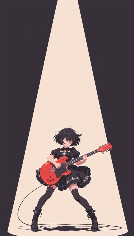 best quality, masterpiece,
sunlight,colorful,1girl,black dress,gothic dress,black boots,black thighhighs,bare_head, red guitar,gibson sg,playing guitar,spotlight, dynamic pose,
<lora:Minimalistic_Wallpaper_Style_for_Mobile__Anime_version_for_IllustriousXL:1>minimalistic, 8k wallpaper,pastel colors,  pop art style,no lineart, flat color,simple background,