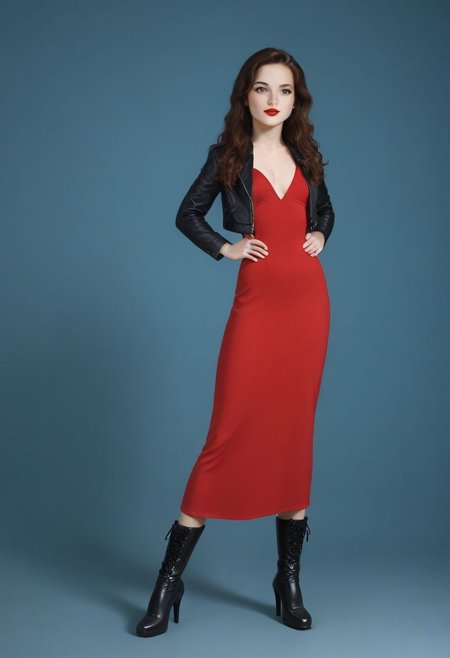 Expressiveh, red lipstick, long pony tail,  (brunette 1.2), super long hair, Open white sports jacket,
Long red dress,
very high platforms boots, 9 inch heels,
small breasts, cute, adorable, innocent, petite, thin, Katie, highly detailed, perfect skin, freckles, playful look, standing facing camera, full body image,