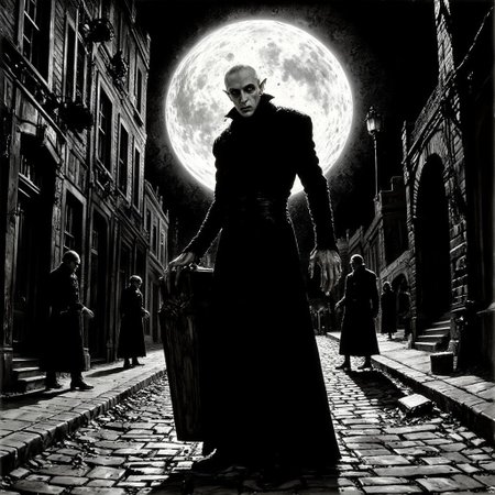 nosferatu standing alone on street, Moon behind him, holding a coffin. Cobblestones, old city. Facing viewer, long shadows. B&W