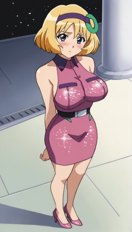 score_9_up, source_anime, belvedere_coco,  short hair, blonde hair, 1girl, solo. bare shoulders, hairband, blue eyes. blush.looking at viewer. full body. blush. breasts, legs.  bob cut,   hair ornament, large breasts, pink high heels. pink dress. sparkly dress.