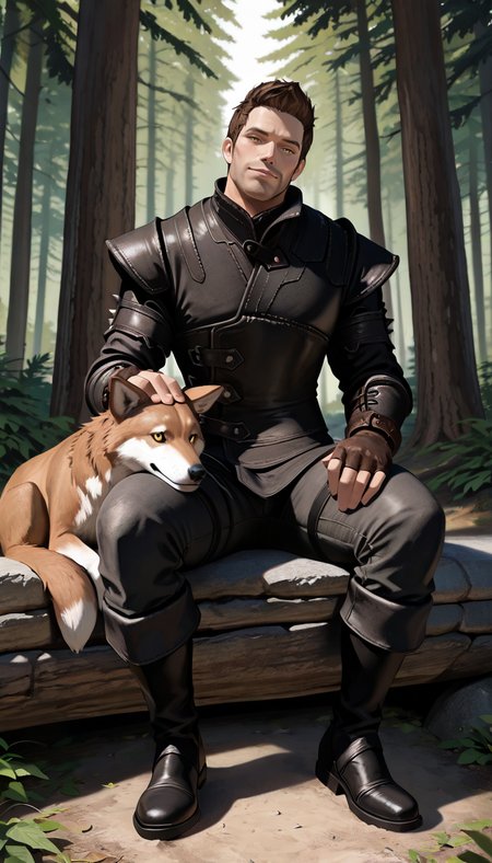 masterpiece, best quality, newest, perfect quality, best quality, detailed background, intricate details, male focus, solo, <lora:Skyrim Romance Mod - Bishop - Illustrious 2-000007:0.7>, srm_bishop, 1boy, mature male, brown hair, very short hair, yellow eyes, stubble, leather armor, fingerless gloves, pants, boots, forest, looking at viewer, head tilt, sitting
BREAK petting wolf