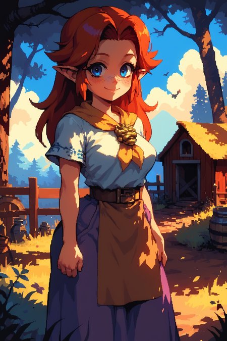 score_9, score_8_up, score_7_up, score_6_up, score_5_up, source cartoon, BREAK, (thick thighs), smile, closed mouth, (cowboy shot), looking at viewer,  realistic background, forest, farm, curvy, wide hips, shortstack, bright eyes, blush, freckles, <lora:malon_cremia-v1_pdxl:1> , malon, 1girl, white shirt, short sleeves, purple skirt, long skirt, brown belt, belt, yellow neckerchief, <lora:d3p1x3lXLP:1> , d3p1x3l, pixel art, scenery,