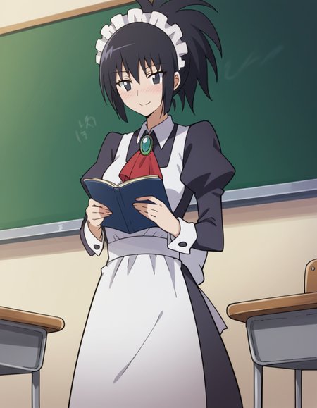 score_9, score_8_up, score_7_up, source_anime, <lora:sayaka-dejima-s2-ponyxl-lora-nochekaiser:1>, sayaka dejima, black hair, ponytail, black eyes, medium breasts,, apron, maid, maid headdress,, classroom, chalkboard, daytime, studying, sitting, chair, desk, smile, hands on stomach, blush,, looking at viewer, solo,, dutch angle, cowboy shot