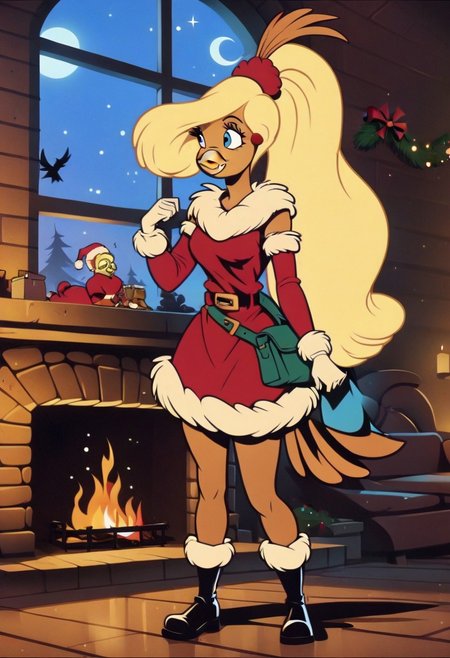 Goldie, big hair, beak, bird girl, solo, blonde hair,bird  girl, long hair,1girl, red dress, furry female, dress, smile, furry, solo, christmas,blue eyes, fur, night, fur trim, fire, fur-trimmed dress, long sleeves, window, breasts, boots, santa costume, standing, black footwear, fireplace, gloves, fur-trimmed sleeves,blonde hair, sky, star \(sky\), bag, alternate costume, looking to the side, closed mouth, night sky, belt, happy, santa dress, small breasts, indoors, medium breasts
score_9, score_8_up, score_7_up, score_6_up <lora:GoldieRockaPony1.0:0.8>