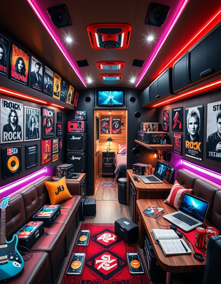 The interior of a modern RV customized for a rock band on tour. The space is stylish and lived-in, filled with musical gear like guitar cases, amps, and a drum pad. Posters of famous rock bands and tour memorabilia cover the walls. There are leather couches, a small kitchenette with snacks and energy drinks, and a cluttered table with laptops, cables, and setlists. A narrow hallway leads to sleeping bunks with personal items like headphones, books, and clothes tossed around. The lighting is warm with LED strips in red and purple tones, giving it a cozy but edgy atmosphere. A small TV displays concert footage, and speakers are mounted on the ceiling. The whole scene feels energetic, artistic, and chaotic in a creative way. Realistic style, rich colors, and highly detailed environment.
<lora:SDXLFaeTastic2400:0.4> <lora:extremely_detailed:0.4> extremely detailed <lora:r0ck_b4nd_rv:1>r0ck b4nd rv, Masterpiece,best quality,hi res,8k,hi res,8k,award winning,(sharp focus, intricate, highly detailed),