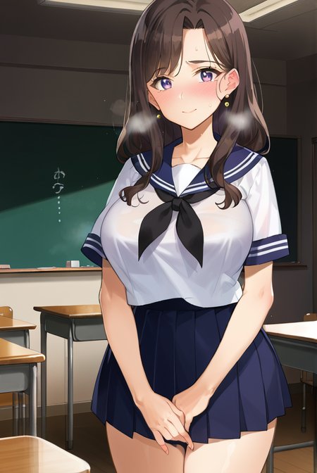 score 9,score 8 up,score 7 up,rating questionable,detailed background,aroused,cinematic lighting,dynamic lighting,source_anime,
<lora:oyari.pony:0.9>,oyari,rie,long hair,large breasts,wide hips,milf,40yo,
steaming body,sensual,alluring,sweatdrop,heavy breathing,
indoors,classroom,
school uniform,serafuku,sailor collar,blue sailor collar,shirt,white shirt,skirt,black skirt,pleated skirt,dark blue neckerchief,short sleeves,white sleeves,
(full-face blush),embarrassed,light smile,troubled eyebrows,
