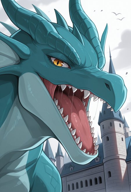masterpiece,best quality,amazing quality, 1boy, solo, t1m43us, dragon, open mouth, looking at viewer, close up, side angle, castle,