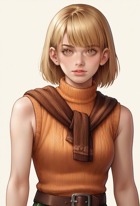 <lora:ashleygraham:0.9>, ashleygraham, photorealism, 1girl,solo,blonde hair,bob cut,bangs, golden eyes,orange turtleneck,sleeveless,brown sweater over shoulder,,green plaid skirt,brown belt, ,,,