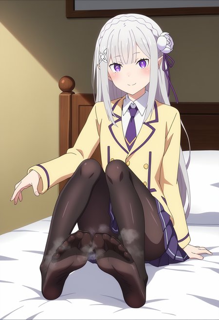 score_9, score_8_up, score_7_up, source_anime,
BREAK
<lora:shismellyfeetV1:0.7>,
shistinkyhose, smell, sitting, full body,pantyhose, feet, black pantyhose, legs, toes, soles, no shoes, steam, foreshortening, steaming body, foot focus, fine fabric emphasis,
1girl, solo, anime screencap, anime coloring, 
<lora:shiEmiliaV2:0.8> emirng, long hair, grey hair, purple eyes, pointy ears, crown braid, hair flower, hair ribbon, purple ribbon, x hair ornament, 
school uniform, pleated skirt, necktie, 
blush, looking at viewer, seductive smile,