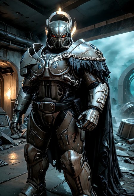 A colossal, unstoppable war-mech stands in a dynamic, predatory pose, emanating an atmosphere of a brutal warrior culture where every element of its armor is a deadly weapon. Enormous biomechanical wings sprout from its back, their edges honed razor-sharp, ready to slice through foes. A wicked karambit knife is integrated into the belt buckle, and the entire suit is etched with intricate Norse-like runes, shimmering with arcane power. Drawing upon Warhammer 40K Space Marine, Halo Spartan, and Mandalorian influences, this mech’s design also echoes Megatron’s industrial brutality and anime mech detailing. The figure’s huge, multi-barreled plasma gatling cannon crackles with energy, underscoring its lethal dominance on the twisted alien battlefield. Torn, flowing robes sweep around its spiked pauldrons, hinting at grim, dark, gothic undertones. The dark storm clouds and jagged alien spires in the background enhance the epic scale, lit by crackling neon biopunk tubing woven into the armor. Cinematic lighting, ultra-detailed textures, and photorealistic rendering in 8K resolution convey a hyper-real, award-winning shot, trending on ArtStation. A truly awe-inspiring display of raw power capable of making even Terminators or ED-209 quake in fear.