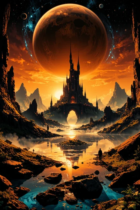 fantasy, space planet, sun, moon, golden hour, stars, (big rocks:0.9), (ripples, reflections:0.9), spatial futuristic castle, (small river pond:0.8), space forest, (space village:1.2), (stunning nature aquatic environment:0.8), spaceship, (unknown exotic land:0.9), beautiful space fantasy sci-fi futuristic landscape, (nice alien civilization), (very detailed:1.2), (best quality:1.2), sharp focus, high contrast, cinematic lights, backlight, shadows, (lens flare:0.4), (vibrant colors, colorful):0.7, (Lemon Yellow flowers:0.9) and leaves,  <lora:artilands:0.8>  <lora:aidmaImageUpgrader:0.8> aidmaimageupgrader <lora:Anti-Blur:0.8> <lora:Luminous_Shadowscape:0.3>