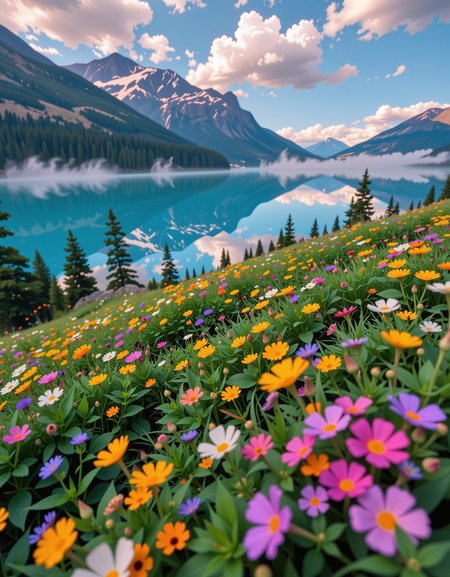Beautiful summer meadow full of tiny colorful flowers, leading down to a crystal blue lake surrounded by snow capped mountain peaks, This picturesque scene is beautifully mirrored in the tranquil waters of the lake, in the distance layers of mountains strech to the horizon in shades of blue, mysterious fog envelops the landscape, adding depth and atmosphere to the composition, ultra-detailed, hyper-detailed, ambient lighting, volumetric lighting, (masterpiece), (Amazing quality), (phenomenal aesthetic), cinematic moment, 8K<lora:FLUX_Ghibsky_Illustrations.safetensors:0.8:1.0>