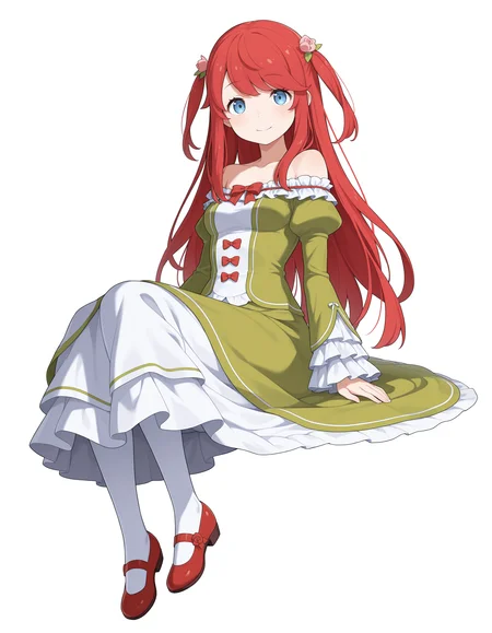 <lora:Theresia van Astrea Illu:1>
1girl, solo,
theresi4, red hair, blue eyes, long hair, two side up,
theresi4dress, green dress, off shoulder dress, bare shoulders, hair flower, frills, frilled sleeves, red bows, white pantyhose, white skirt, long skirt, red footwear, juliet sleeves, 
smile, looking at viewer, sitting, full body, 
simple background, white background,, masterpiece, best quality, amazing quality