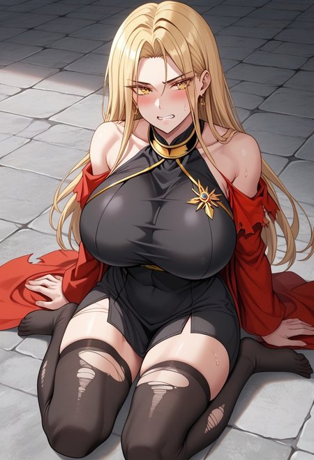 score_9, score_8_up, score_7_up,  source_anime, rating_explicit, 1girl, breasts, skirt, thighhighs, solo,1girl, breasts, Victoria,1girl,  mature female, (huge breasts:1.3),(military uniform:1.3), red coat, black thighhighs, gloves, red skirtred_cape, blonde_hair, solo, long_hair, cape, dress, clenched_teeth, small_head, yellow_eyes, glaring, looking_at_viewer, angry, stone_floor, teeth, kneeling, (black_dress:1.5), barefoot, covered_navel, covered nipples,sweat, scowl, parted_bangs, thighs, bare_legs, covered_breasts, bangs, sitting, v-shaped_eyebrows, blush, japanese animation, absurdres, toned, black_hair_tie, high contrast, aesthetic, toned, vivid color, muscular, (wide_shoulders:1.2), (tall_girl:1.2), wide hips, 2d, thighs, beautiful, sexy, black_shirts, cute_face,open_mouth,bangs, (thick_thighs:1.2), (huge_hips:1.2), (large shoulders:1.2), finely detailed beautiful eyes, finely detailed face,delicate facial features, (tall:1.4), small head,  beautiful eyes and detailed face,toned,(healthy_body:1.2), (best quality, high quality, masterpiece, hyper detail, detailed face,detailed_eyes,detailed_pupils:1.3), collarbone, (detailed_eyes:1.5) ,(masterpiece:1.7),(high quality:1.7), same_eyes,same_pupils,(clear:1.5), detailed_eyes, collarbone, bangs, detailed_eyes, black_clothes, detailed_arms, amazing quality, (large_shoulders:1.4), wariza, (torn_clothes:1.5), upper body, (covered_shoulders:1.5), muscle, broken floor, detailed_hands,taut_clothes,