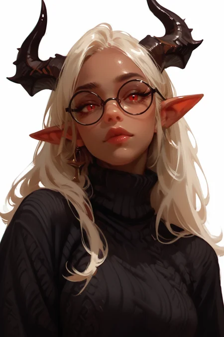 1girl, red eyes, horns, pointy ears, sweater, glasses, solo, dark-skinned female, long hair, dark skin, black sweater, turtleneck, blonde hair, upper body, looking at viewer, round eyewear, turtleneck sweater, closed mouth, long sleeves, demon horns, black-framed eyewear, demon girl, breasts, zPDXL3, detailxl,  Score_PnyReal, (lineless:1.5)