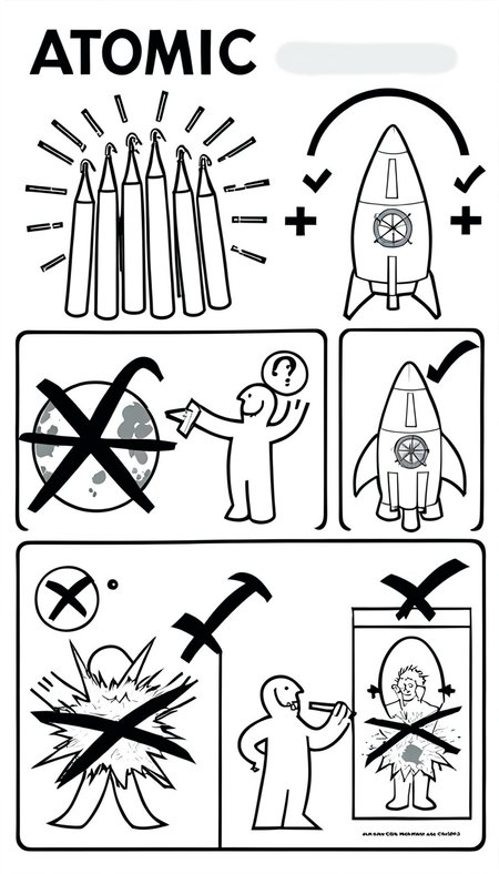 atomic bomb, rocket, large explosion and child safety warning, happy scientists <lora:ikea_instructions_xl_v1_5:1>