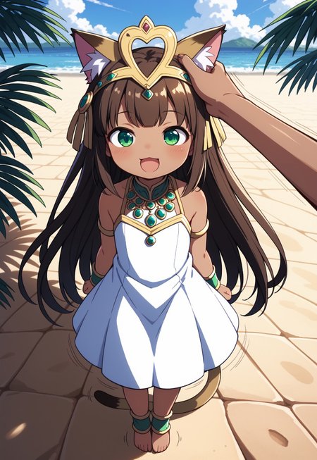 score_9, score_8_up, score_7_up, masterpiece, best quality, absurdres, vibrant, highly detailed, super cute and adorable, fluffy, from above, face focus, 
BREAK 
1girl, solo, (zzBastet as a toddler:1.5), kiddo zzBastet, brown hair, green eyes, tiara, flat chest, (long white dress:1.2), ankle lace-up, cat ears, (ear fluff:1.5), dark skin, jewelry, very long hair, cat tail, headpat, pov hands, happy, :D, (^^^:1.5), (wagging tail, motion lines:1.5), 
BREAK 
outdoors, Oasis, palm trees, sand dunes background, blue sky, birds
