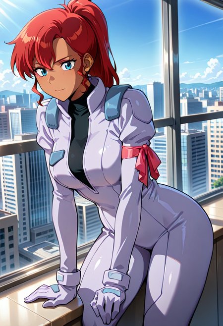 ((masterpiece, absurdres)), best quality, amazing quality, newest, 4k, anime coloring, very aesthetic, ray tracing, Smooth Quality, CG,city view,kate, 1 female, red hair, pony hairstyle, dark blue eyes, pilotsuit, gloves, turtleneck t-shirt, arm ribbon,brown skin