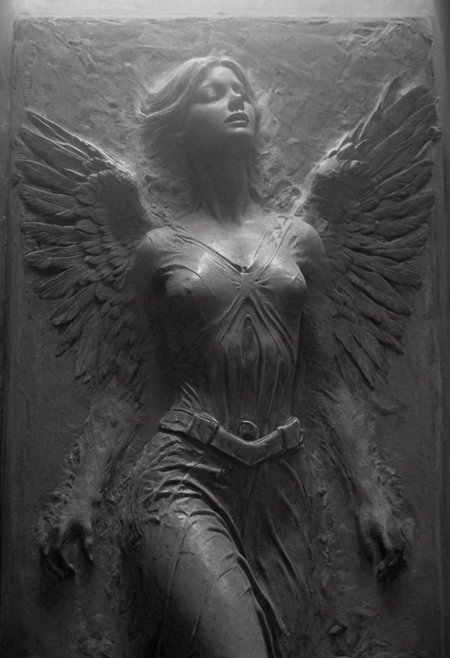 high-contrast monochrome palette, extreme closeup from sideview, floating dust particles, visible dust in light rays, vintage dusty atmosphere, cinematic quality, closeup, female angel frozen in carbonite, wings, artiangel, deep Blacks, very detailed, atmospheric haze, Film grain, cinematic film still, shallow depth of field, highly detailed, high budget, cinemascope, moody, epic